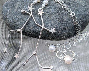 Gemini Necklace - Sterling Silver Constellation Necklace - Pearl Necklace - June Birthstone Necklace - June Zodiac Necklace - Silver Gemini