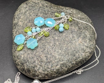 Adjustable Sterling Silver Necklace With Peridot And Chalcedony - Handmade Blue And Green Floral Cascade Necklace - "Windflowers" Collection