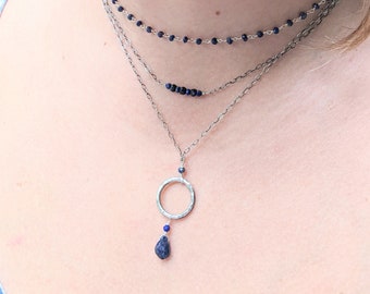 Sterling Silver Layered Necklace With Lapis Lazuli - Sterling Silver Layered Necklace - Lapis Lazuli Necklace - Hammered Circle Necklace