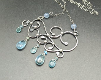 Sterling Silver Vine Necklace - One Of A Kind Oxidized & Hammered 925 Silver Scrollwork Necklace With Aqua Fluorite - "Tendrils" Collection