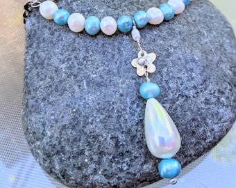 Blue Pearl Necklace - Sterling Silver Flower Necklace - Pearl Necklace With Pendant - Beaded Pearl Necklace - June Birthstone