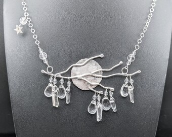 Full Moon On A Winter Night: Moonlit Tree Branch Necklace with Clear Quartz Crystal - Cold Moon Collection