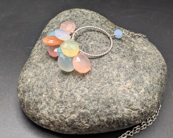 Sterling Silver Circle Necklace With Multi Colored Gemstones - Chalcedony and Sterling Silver Floral Necklace - "Dream Of Spring" Collection