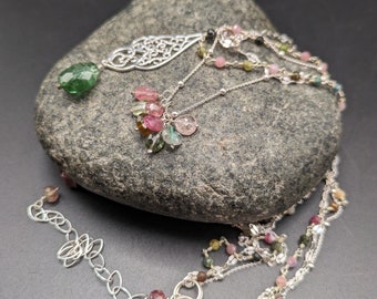 Tourmaline And Sterling Silver Multi Strand Layered Necklace - One Of A Kind Triple Strand Tourmaline Necklace - Spring Necklace