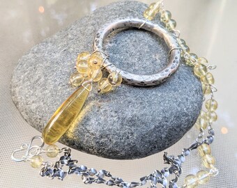Citrine Necklace - Hammered Silver Circle With Citrine - Boho Citrine Necklace - Citrine Statement Necklace - November Birthstone Necklace