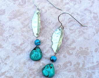 Sterling Silver Leaf Earrings - Silver Leaf Dangle Earrings - Silver Turquoise Earrings - Turquoise Earrings - Handmade Turquoise Earrings