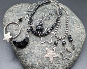 Handmade Black Onyx and Oxidized Sterling Silver Multi-Strand Moon and Stars Bracelet - Dark Side Of The Moon Collection - Gothic Elegance