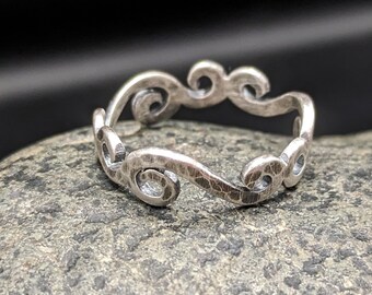 Dainty Hammered Sterling Silver Vine Ring - Oxidized 925 Silver Scrolled Band Ring - "Tendrils" Collection