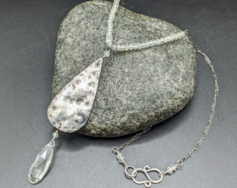 Prasiolite and Hammered Sterling Silver Raindrop Necklace - Handmade Green Amethyst Necklace  - "Early Spring" Collection