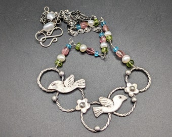 Sterling Silver Bird Necklace - Oxidized Sterling Silver and Tourmaline Necklace With Birds and Flowers - Spring Themed Jewelry