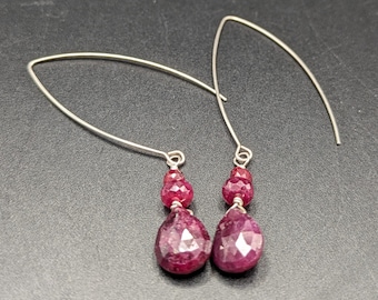 Handmade Raw Ruby And Sterling Silver Dangle Earrings - Natural Ruby And 925 Silver July Birthstone Earrings - Minimalist Ruby Drop Earrings