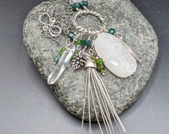 Nature-inspired Sterling Silver Charm Necklace with Pinecone, Pine Needles, and Green Gemstones - "Snowy Pines" Collection