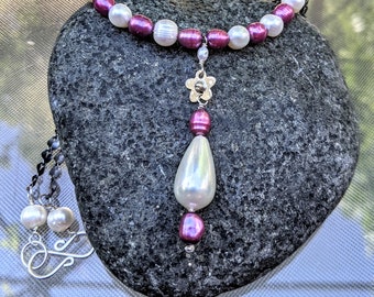 Pink Pearl Necklace - Sterling Silver Flower Necklace - Pearl Necklace With Pendant - Beaded Pearl Necklace - June Birthstone