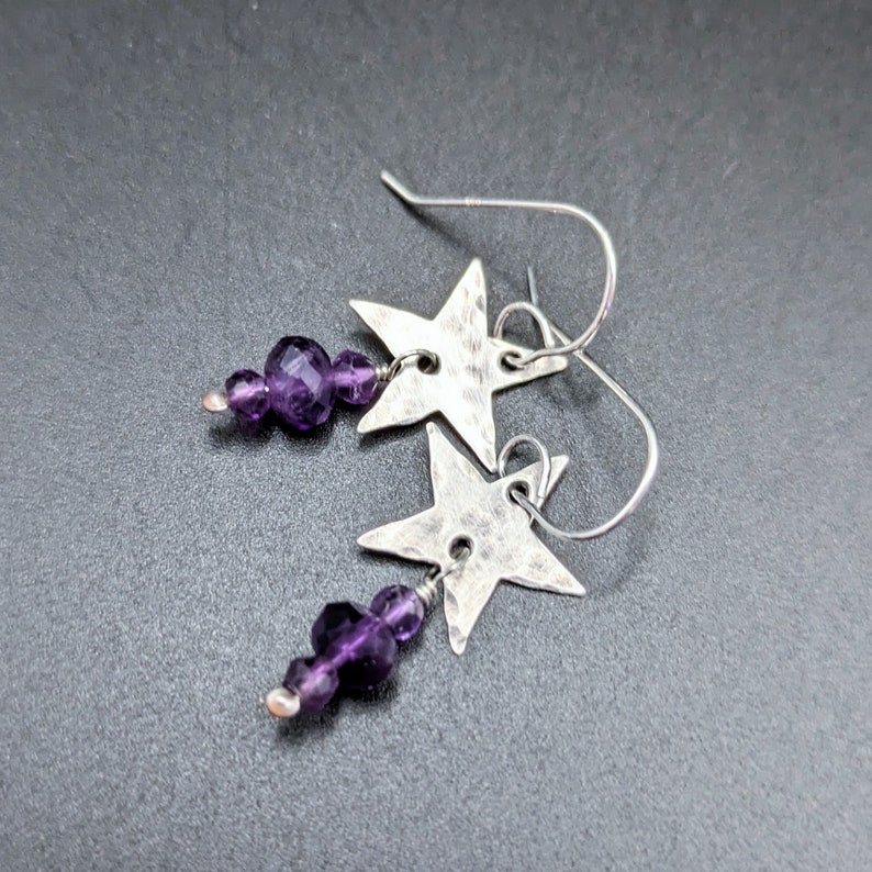 Hammered Star Earrings With Amethyst Dangles Handcrafted Oxidized Sterling Silver Star Earrings With February Birthstone image 2