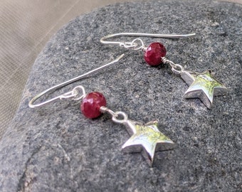 Star Earrings - Sterling Silver Stars - Ruby Earrings - July Birthstone Earrings - Star Dangle Earrings - Birthstone Jewelry