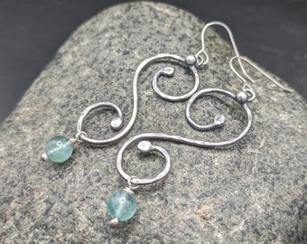 Hammered Sterling Silver Vine Earrings - Oxidized & Hammered 925 Silver Scrollwork Earrings With Green Blue Fluorite - "Tendrils" Collection