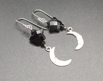 Hammered and Oxidized Sterling Silver Crescent Moon Earrings with Black Onyx Stars - Handmade Celestial Earrings - Dark Side Of The Moon