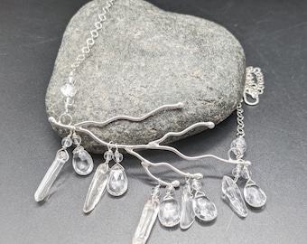 Sterling Silver Winter Tree Branch Necklace With Clear Quartz Crystal - Cold Moon Collection