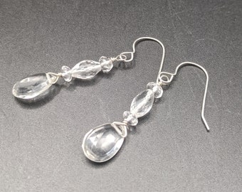 Sterling Silver Dangle Earrings with Clear Quartz Crystal Accents - Cold Moon Collection