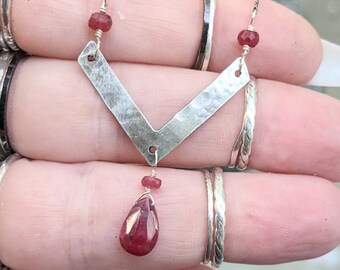 Ruby Necklace - Silver Chevron Necklace - Hammered V Necklace - Hammered Sterling Silver V Necklace - July Birthstone