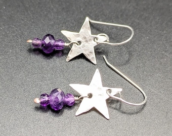 Hammered Star Earrings With Amethyst Dangles - Handcrafted Oxidized Sterling Silver Star Earrings With February Birthstone