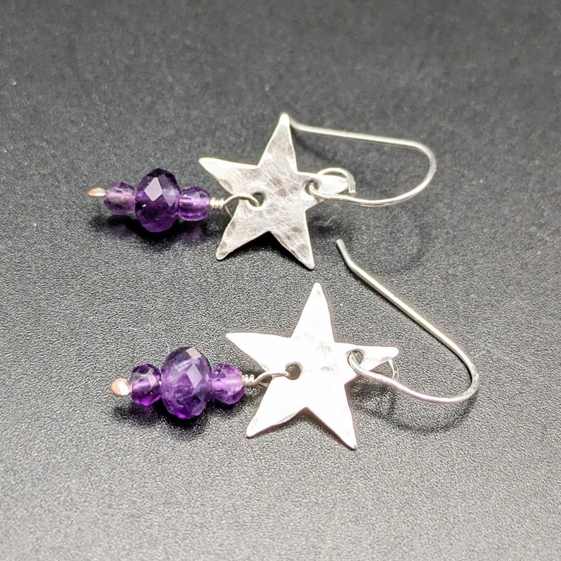 Hammered Star Earrings With Amethyst Dangles Handcrafted Oxidized Sterling Silver Star Earrings With February Birthstone image 1