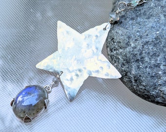 Sterling Silver Star Necklace - Labradorite Necklace - Silver Necklace With Labradorite - Hammered Star Necklace - Large Star Necklace