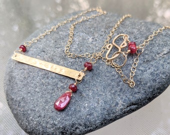 Raw Ruby Necklace - July Birthstone Necklace - Natural Raw Ruby Jewelry - Gold Necklace With Rubies - Gold Bar Necklace