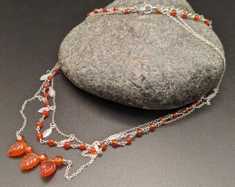 One Of A Kind Sterling Silver & Carnelian Autumn Leaves Necklace - Multi Strand Layered Orange Gemstone Necklace - Falling Leaves Necklace