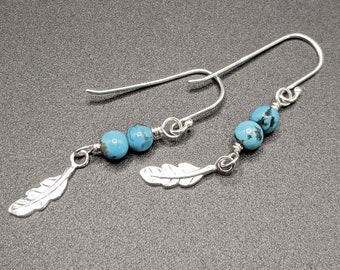 Feather Earrings - Sterling Silver Feather Earrings - Turquoise Dangle Earrings