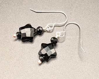 Black Onyx Stars and Sterling Silver Earrings -  Handmade Black Onyx Star Earrings - Dark Side Of The Moon Collection