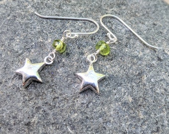 Star Earrings - Sterling Silver Stars - Peridot Earrings - August Birthstone Earrings - Star Dangle Earrings - Birthstone Jewelry