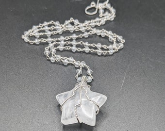Quartz Crystal Star Necklace - Sterling Silver Wrapped Quartz Star on Beaded Quartz Chain - Cold Moon Collection