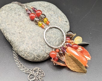 Mixed Metal Necklace With Leaves and Autumn Gemstones - Hammered 925 Silver Necklace With Fall Leaves - "Autumn Charm" Collection