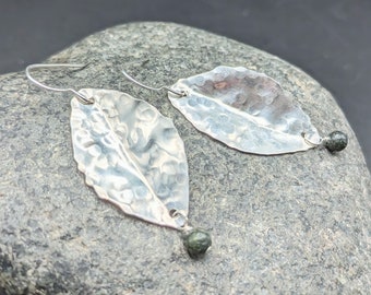 Handcrafted Hammered Sterling Silver Leaf Earrings with Deep Green Russian Serpentine Accents