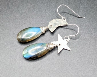 Sterling Silver Moon and Star Earrings with Labradorite - Celestial Earrings