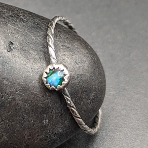 Oxidized Sterling Silver And Abalone Stacking Ring - Dainty Handmade 925 Silver Ring With Blue Green Abalone Shell - &quot;Tide Pool&quot; Collection
