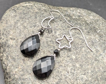 Moon And Star Earrings With Large Black Onyx Focal Briolettes - Hammered And Oxidized Sterling Silver Dark Side Of The Moon Earrings