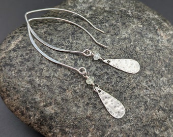 Prasiolite & Hammered Sterling Silver Raindrop Earrings - Handmade Green Amethyst Oxidized 925 Silver Earrings  - "Early Spring" Collection