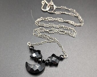 Oxidized Sterling Silver Necklace With Black Onyx Moon And Stars - Handmade Gothic Jewelry - Dark Side Of The Moon Collection