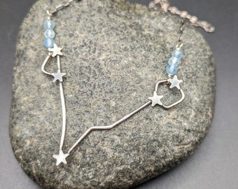 Oxidized Sterling Silver Pisces Constellation Necklace With Aquamarine Gemstones - Handmade Zodiac Necklace With March Birthstone