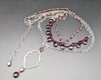 Elegant Adjustable Layered Garnet and Sterling Silver Necklace with Arabesque Pendant - Handcrafted January Birthstone Jewelry