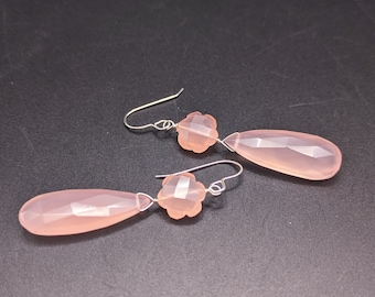 Pink Chalcedony Dangle Earrings - Pink Gemstone and Sterling Silver Floral Statement Earrings - "Dream Of Spring" Collection