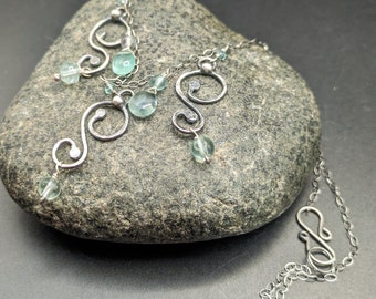 Sterling Silver and Aqua Fluorite Necklace  - One Of A Kind Oxidized & Hammered 925 Silver Scrollwork Charm Necklace - "Tendrils" Collection