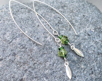 Leaf Earrings - Sterling Silver Leaf Earrings - Peridot Earrings - Birthstone Earrings - Green Leaf Earrings - Leaf Charm Earrings - 925