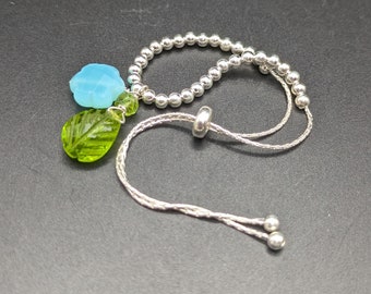 Adjustable Sterling Silver Bracelet With Peridot And Aqua Chalcedony - Handmade Blue And Green Floral Bracelet - "Windflowers" Collection