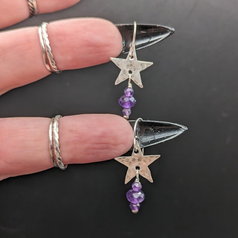 Hammered Star Earrings With Amethyst Dangles Handcrafted Oxidized Sterling Silver Star Earrings With February Birthstone image 7