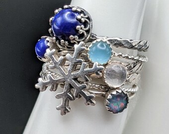 Sterling Silver Snowflake, Opal, Lapis Lazuli Stacking Ring Set - SIX Rings , Size 6 - "Winter Blues" Collection