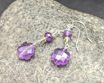 Peridot And Amethyst Earrings - Handmade Purple And Green Floral Earrings - "Windflowers" Collection