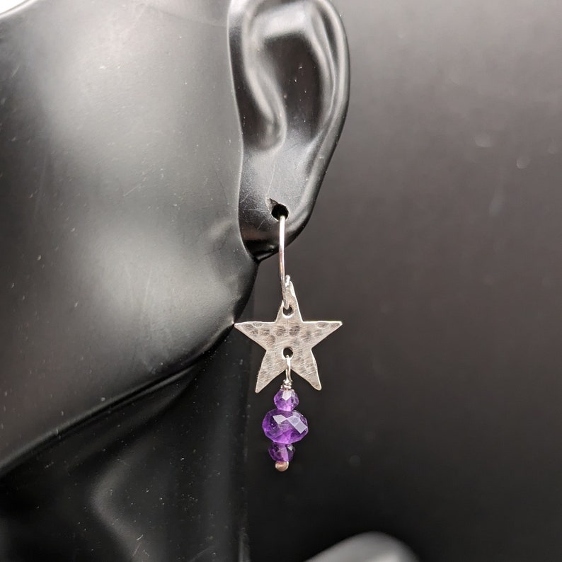 Hammered Star Earrings With Amethyst Dangles Handcrafted Oxidized Sterling Silver Star Earrings With February Birthstone image 5